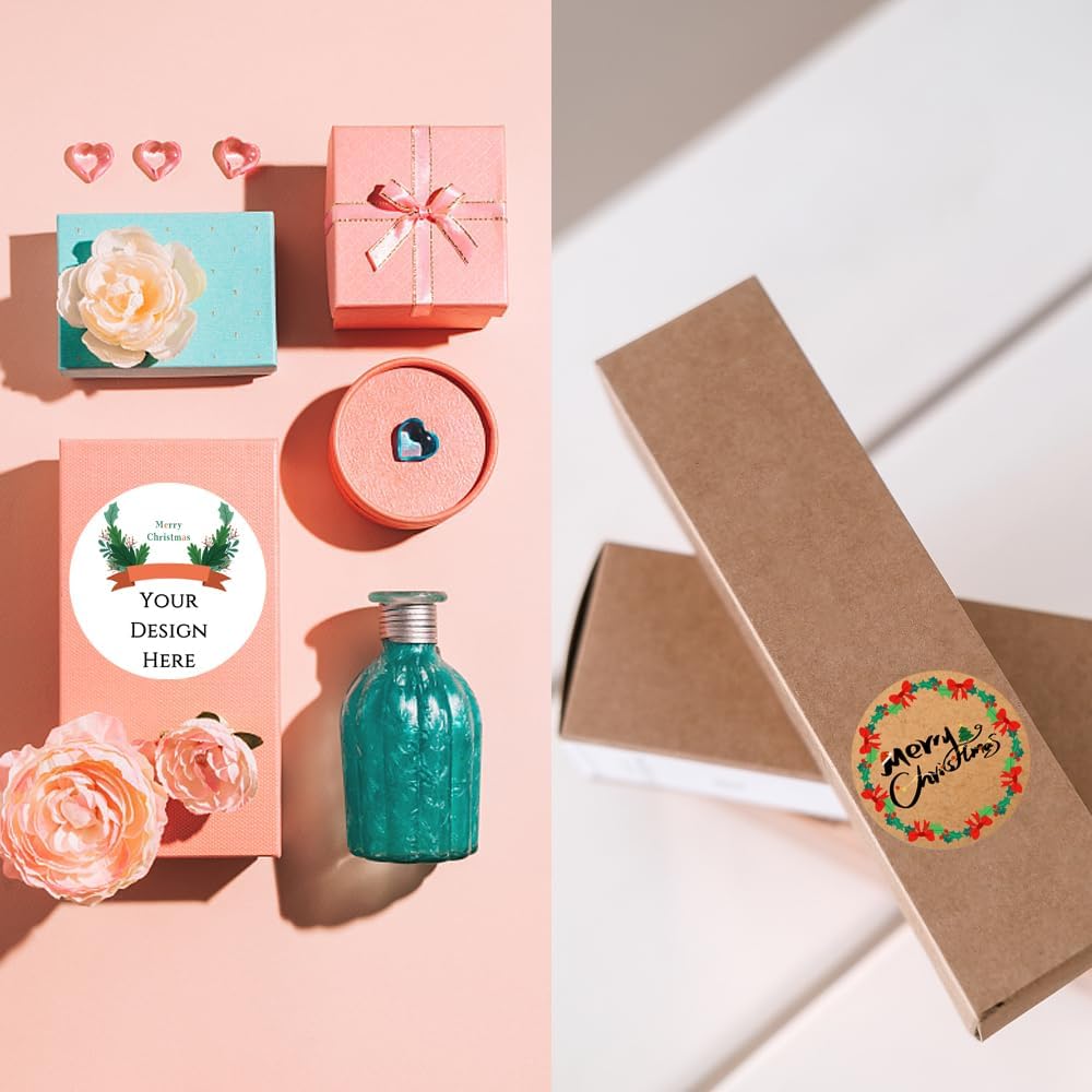 100-1000pcs Custom Stickers Merry Christmas Stickers Personalized Labels Adhesive Xmas Decorative Envelope Seals Stickers for Cards Gift Boxes (Round Kraft -6)