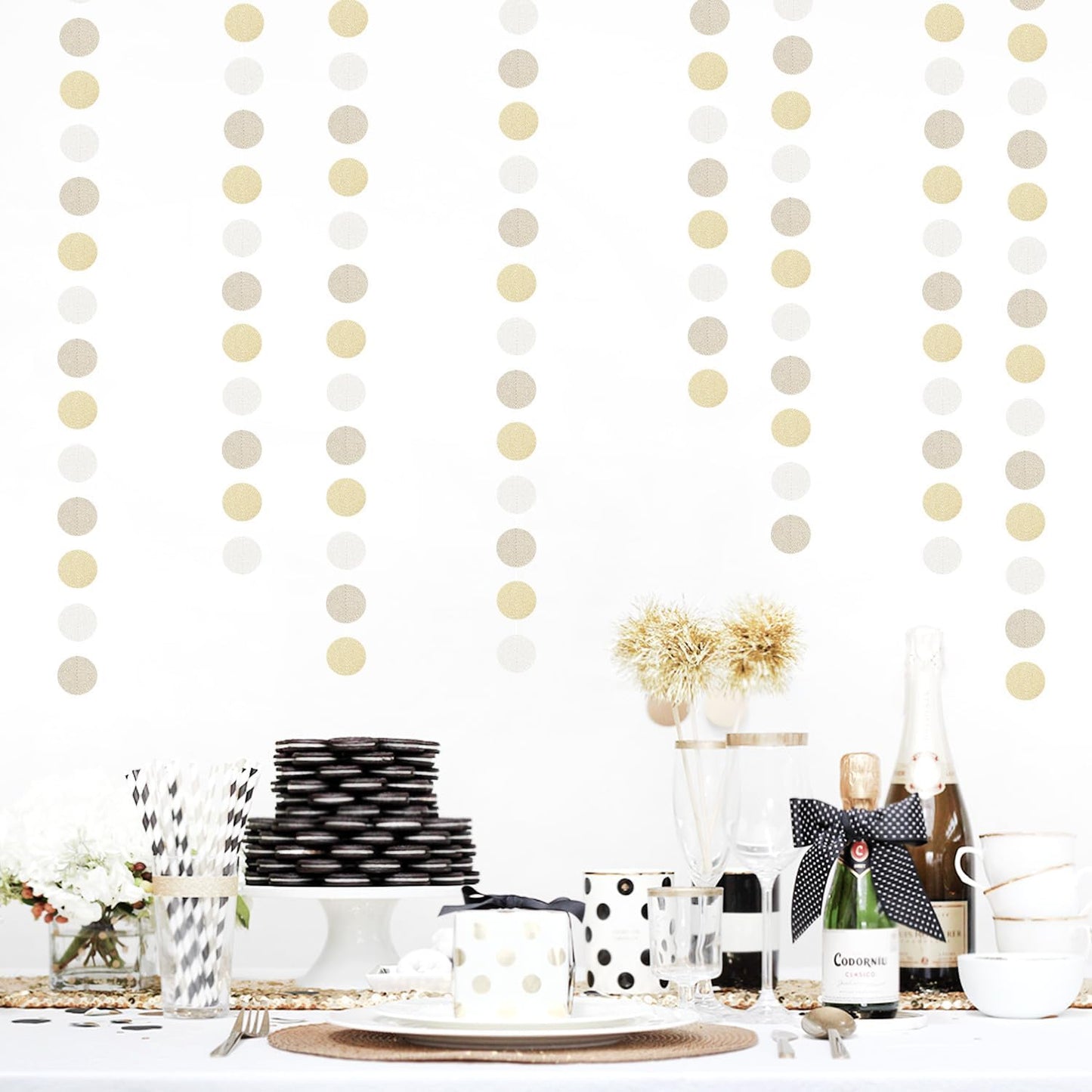 Champagne Gold White Party-Decorations Streamers - 52Ft Hanging Birthday Paper Garland Banner,Christmas Wedding Baby Bridal Shower Bachelorette Engagement Graduation Supplies Backdrop Decor Hugtmr