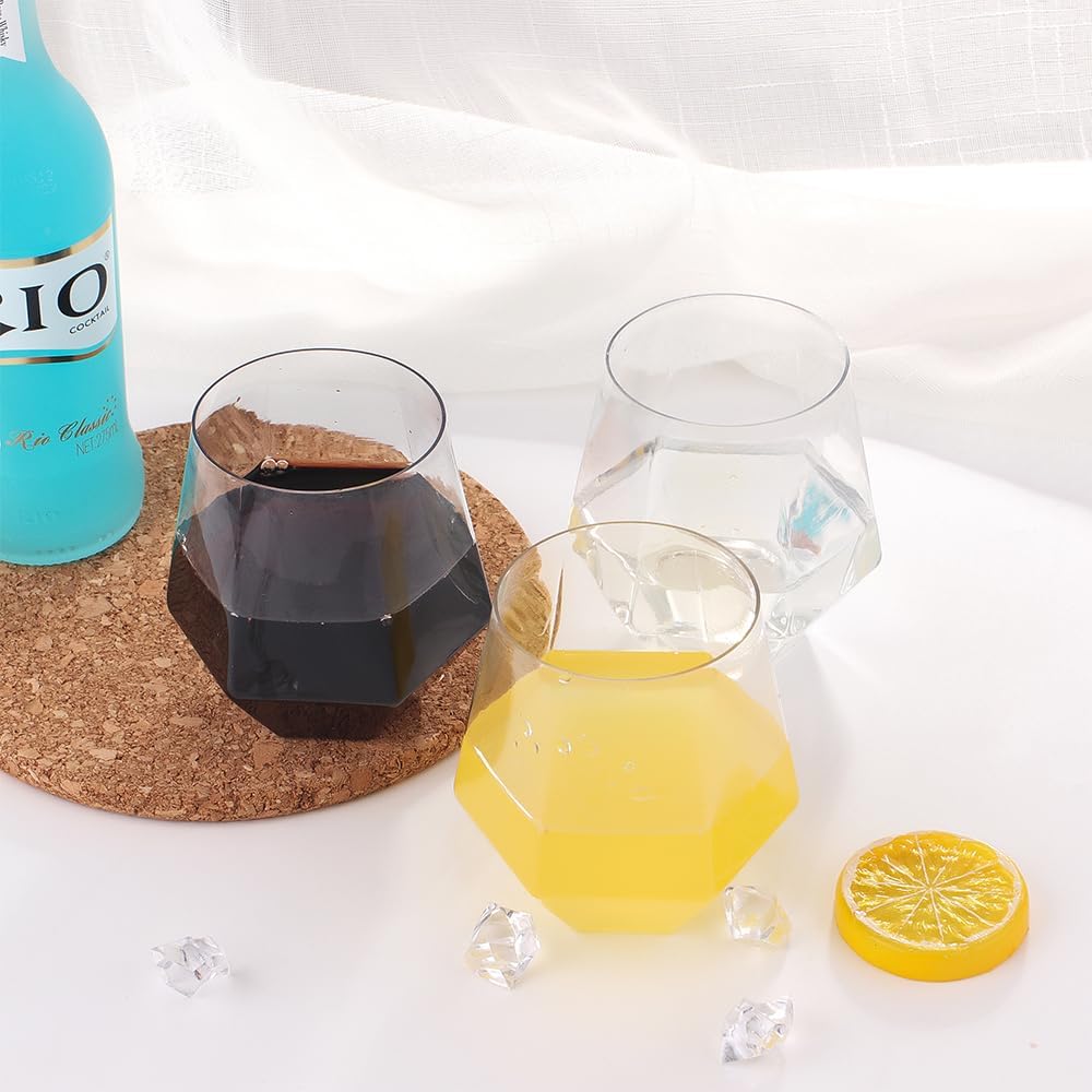 32pcs 12oz Disposable Wine Glasses Plastic Wine Glass Clear Plastic Stemless Unbreakable Shatterproof Glassware Recyclable Diamond Design