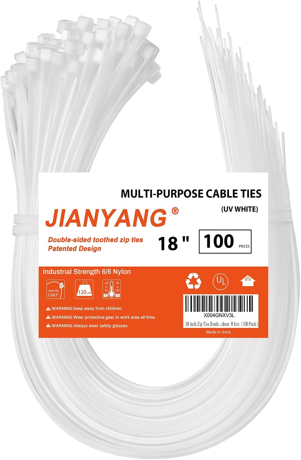 18 Inch Zip Ties Double Sided Toothed,120 LBS Tensile Strength Heavy Duty Cable Wire Ties With Self-Locking Adjustable More Durable Nylon Tie Wraps for Indoor Outdoor White（100 Pack）