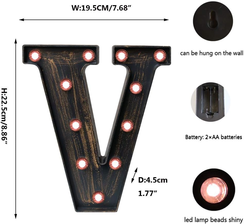 OYCBUZO Golden Black Led Marquee Letter - Industrial, Vintage Style Light Up Alphabet Letter Sign for Cafe Wedding Birthday Party Christmas Lamp Home Bar Initials Decor - V