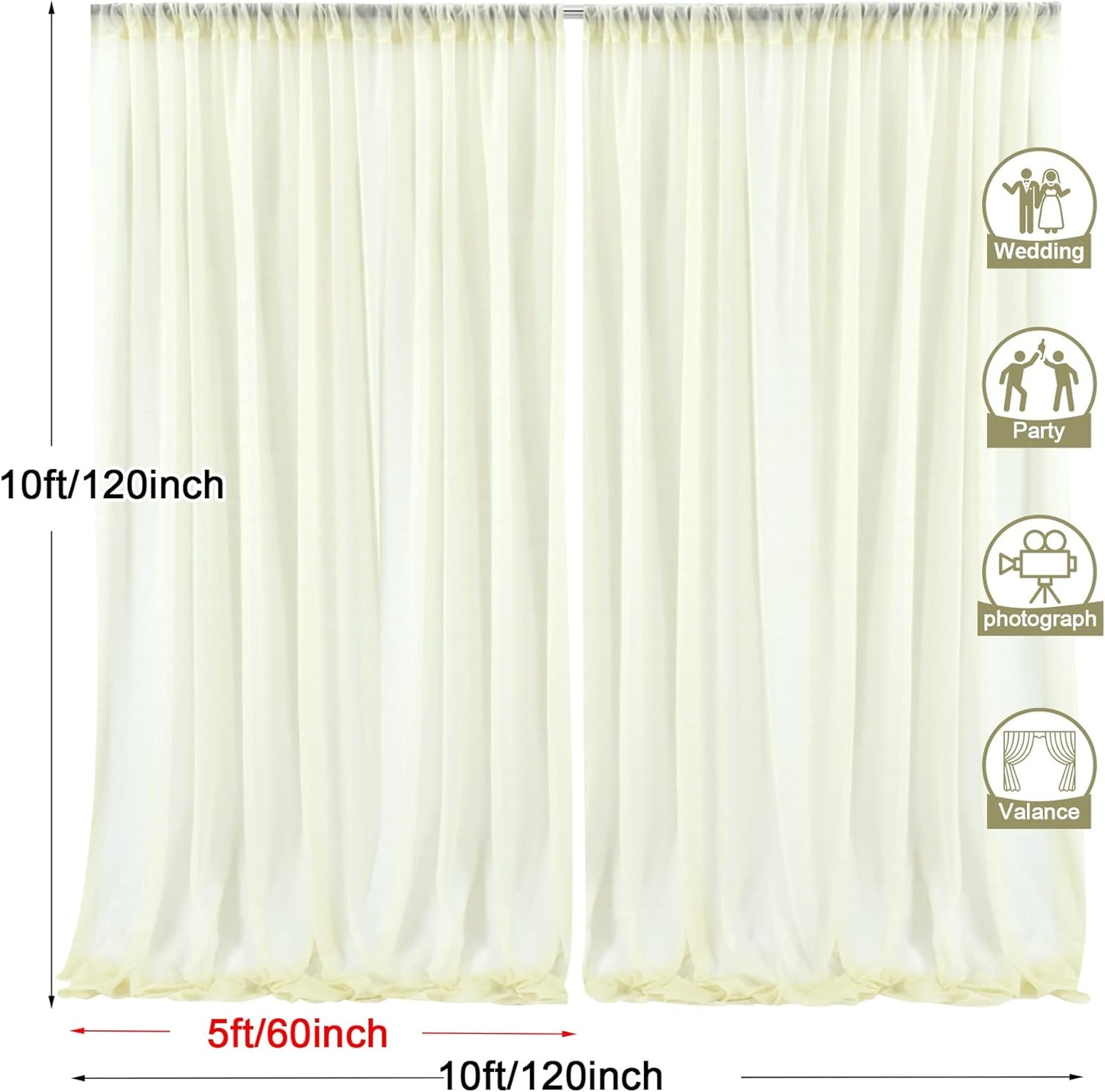 PARTISKY 10ftx10ft Ivory Chiffon Sheer Backdrop Curtains, Wrinkle-Free Wedding Backdrop Drapes for Birthday Party Ceremony Arch Stage Decor Background for Photography 5ft x 10ft,2 Panels