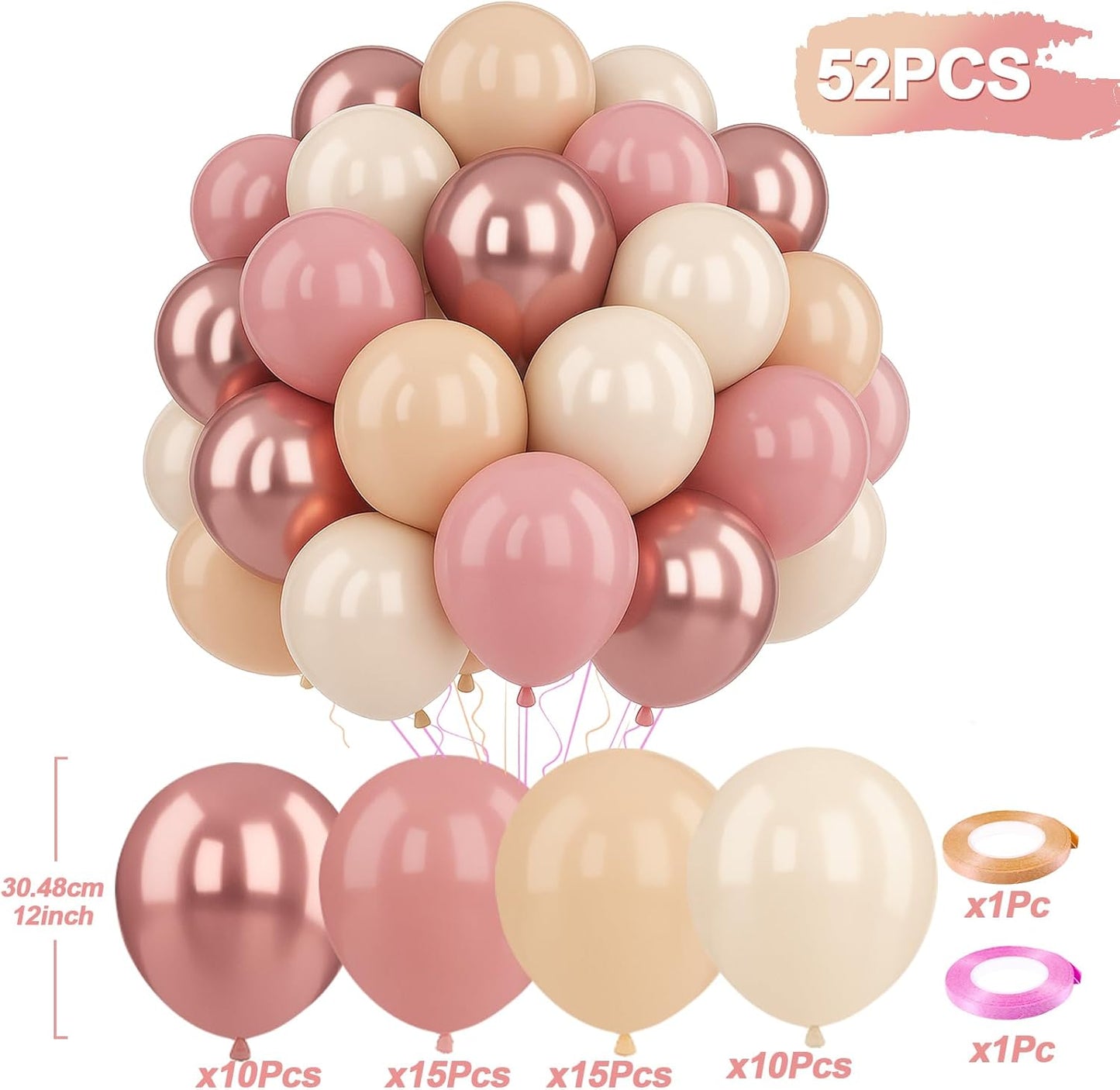 Patimate Retro Blush Pink Balloons Set, 50 pcs 12 inch Metallic Rose Gold Dusty Pink Pastel Orange Nude Latex Balloons Kit for Birthday Bridal Shower Bachelorette Boho Baby Shower Party Decorations