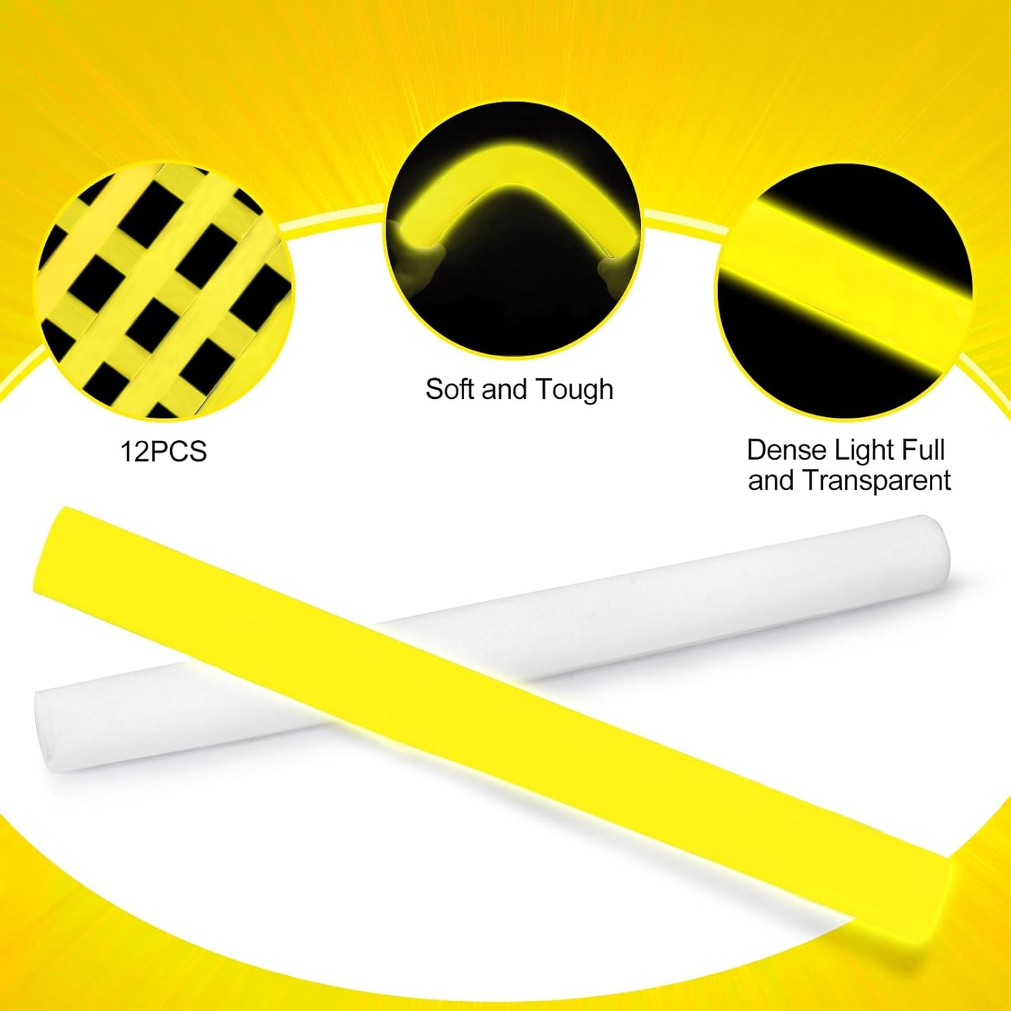 Glow Foam Sticks Bulk, 24 Pcs Yellow Giant LED Light Up Sticks 3 Modes Flashing Glowing Baton Wands Party Supplies for Easter, Wedding, Raves,Concert,Birthday,Christmas, Halloween