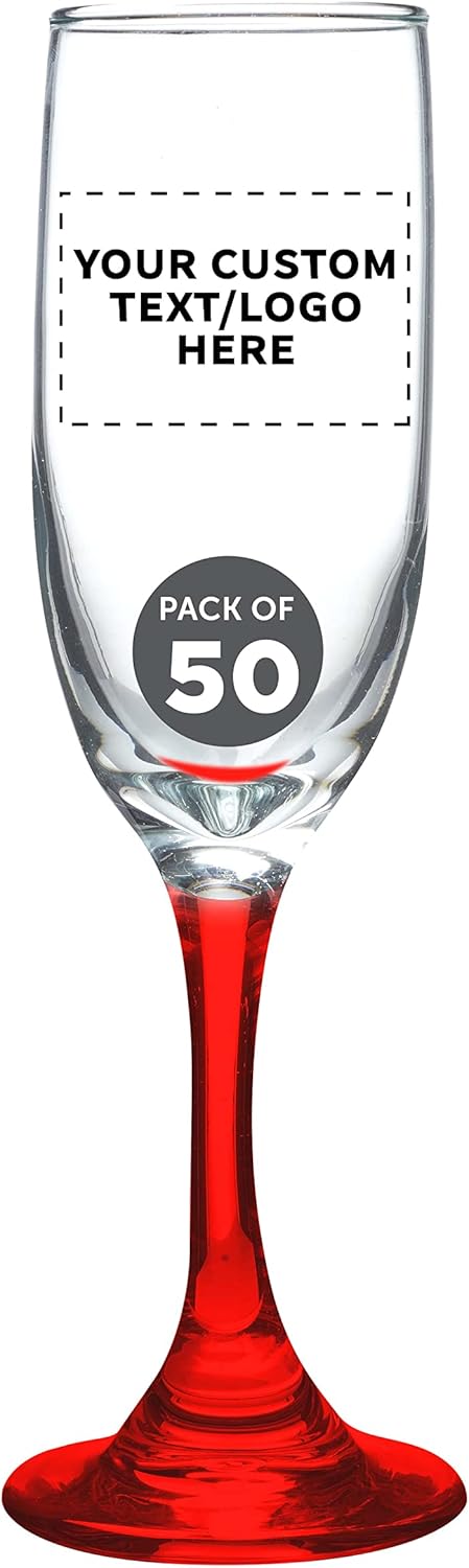 DISCOUNT PROMOS Custom Premiere Champagne Flutes 6.25 oz. Set of 50, Personalized Bulk Pack - Elegant Drinkware for Weddings, Events, & Promotional Gifts - Red