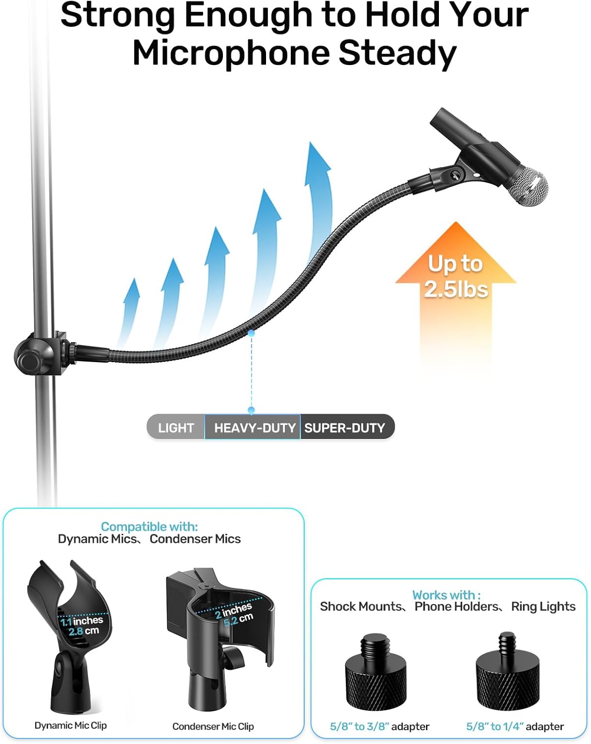 19-inch Gooseneck Microphone Holder Stand, Flexible Mic Arm with Super Crab Clamp for Mic Stand/Desk/Rod/Pole/Stick/Shelf/Tube Clamping, Ideal for Music Stand, Piano, Drum Recording