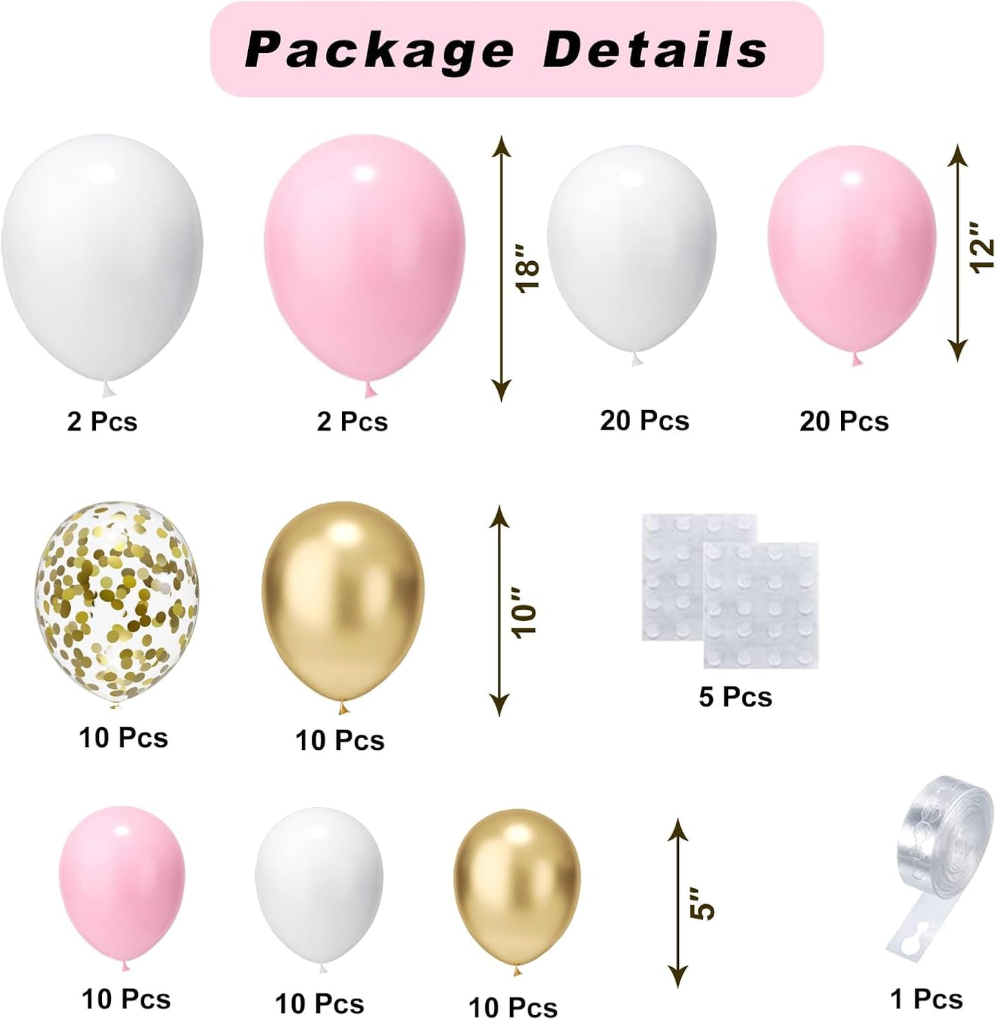 Pink and Gold Balloons Garland Kit, 124pcs Pink White Gold Confetti Metallic Latex Balloons Arch for Girls Baby Shower, Birthday, Wedding Decorations
