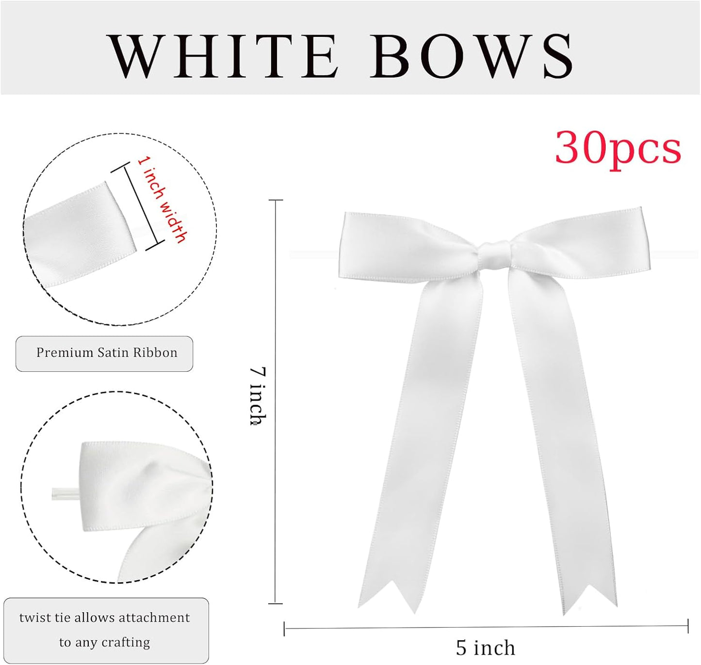 30Pcs Satin Ribbon White Bows 5x7 Inch Twist Tie Bow for Gift Wrapping Champagne Bottle Cake Treat Bag Craft DIY Gift Christmas Birthday Party Balloons & Garland Home Decor