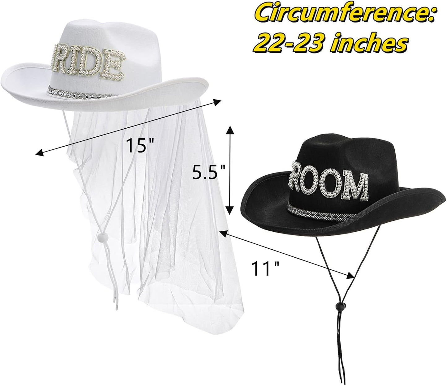 Frcctre 2 Pcs Bride Cowgirl Hat with Veil, Black Groom Cowboy Hat, Rhinestone Bride and Groom Cowboy Hats Wedding Bridal Shower Bachelorette Party Decoration Western Party Dress Up Accessories