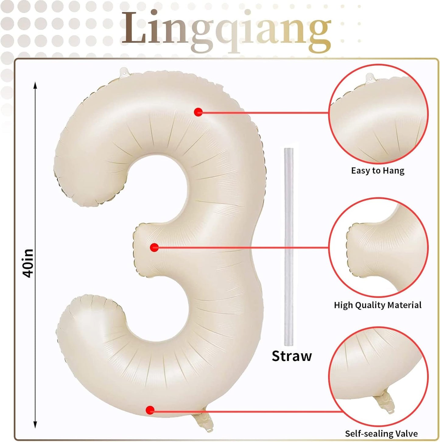 40 Inch Beige Large Numbers Balloons 3, Self Inflating Ivory White Digit 3 Helium Balloons for 3rd Girls, Cream Foil Mylar Number Balloons 0-9 for Women Birthday Party Anniversary Supplies Decorations