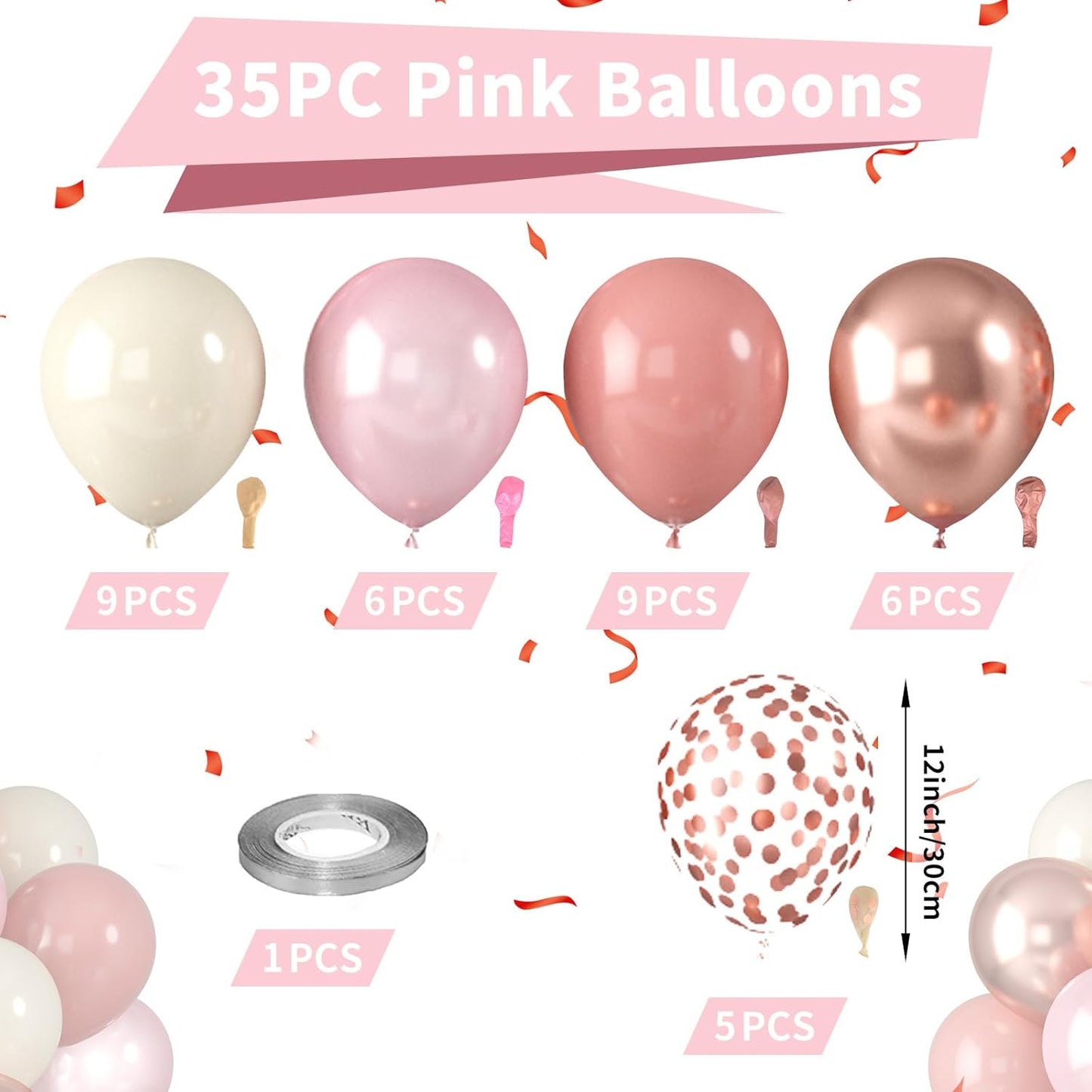 Dusty Pink Blush Balloons, Retro Boho Pink Balloons Cream White Balloon Pearl Light Rose and Metallic Rose Gold Confetti Balloon for Girls Baby Shower Woman Birthday Wedding Party Decorations