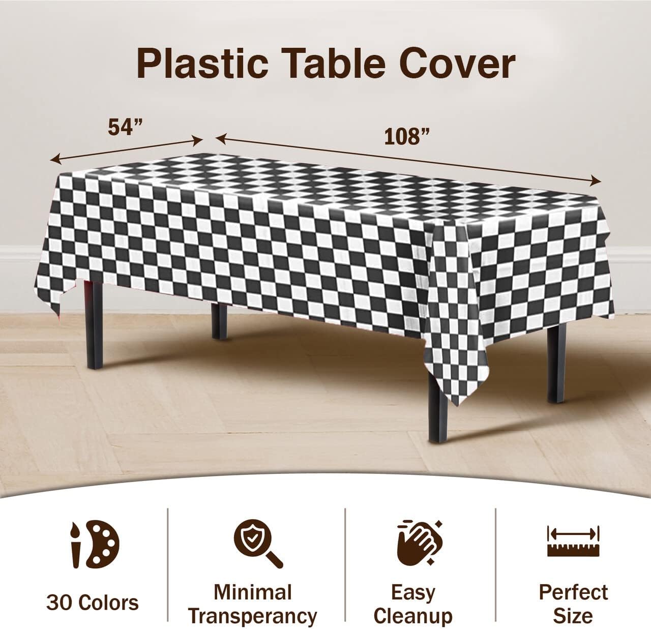 Party Solids Pack Of 12 - Premium Plastic Tablecloth 54 Inch x 108 Inch Rectangle Table Cover - Checkered