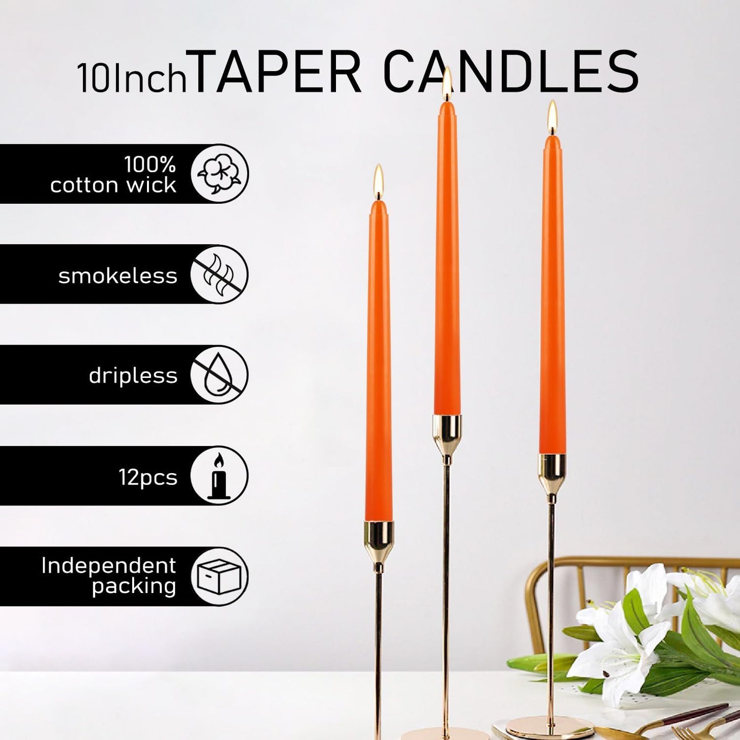 12-Pack Orange Taper Candles - 10 Inch Unscented Dripless Candlesticks, Long Burning for Halloween, Thanksgiving, Fall Decor & Dinner Parties