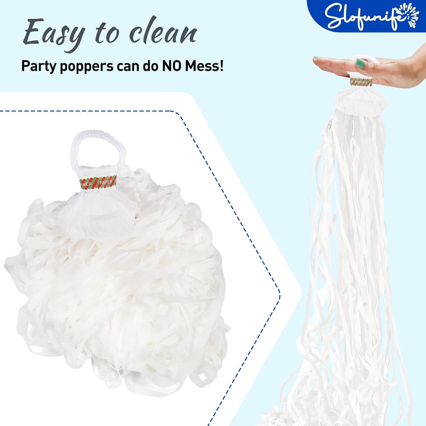 No Mess Streamers 100pack, White Confetti Poppers,Hand Throw Party Poppers No Mess for Birthday, Graduation, Wedding Send Off, Engagement Party Favors（White 100Pack）