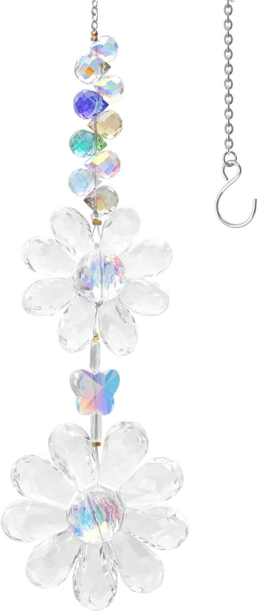 Crystal Flower Suncatcher Hanging Ornament, Rainbow Maker Window Sun Catcher Indoor Outdoor Patio Garden Decor (Clear)