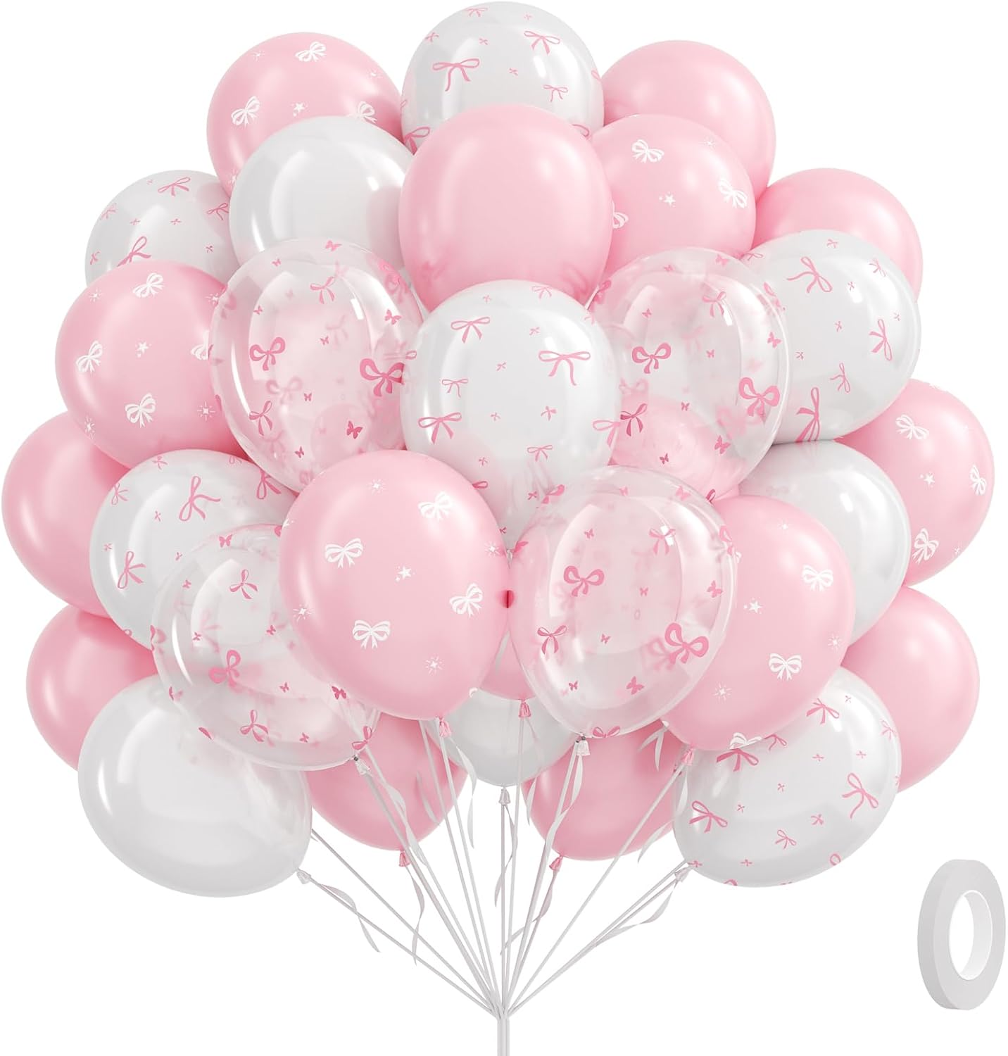 60pcs Pink Bow Balloons 12inch with Pink White Clear Bow Balloons for Pink Coquette Wedding Baby Shower Birthday Party Decorations