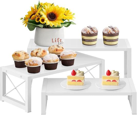 ELITEROO White 3-Tier Cupcake Stand & Wooden Display Riser, Dessert Stand for Cupcakes, Food, Perfume, Makeup, Dolls, Collectibles, Multi-Tiered Shelf Organizer for Market Vendors & Retail Display