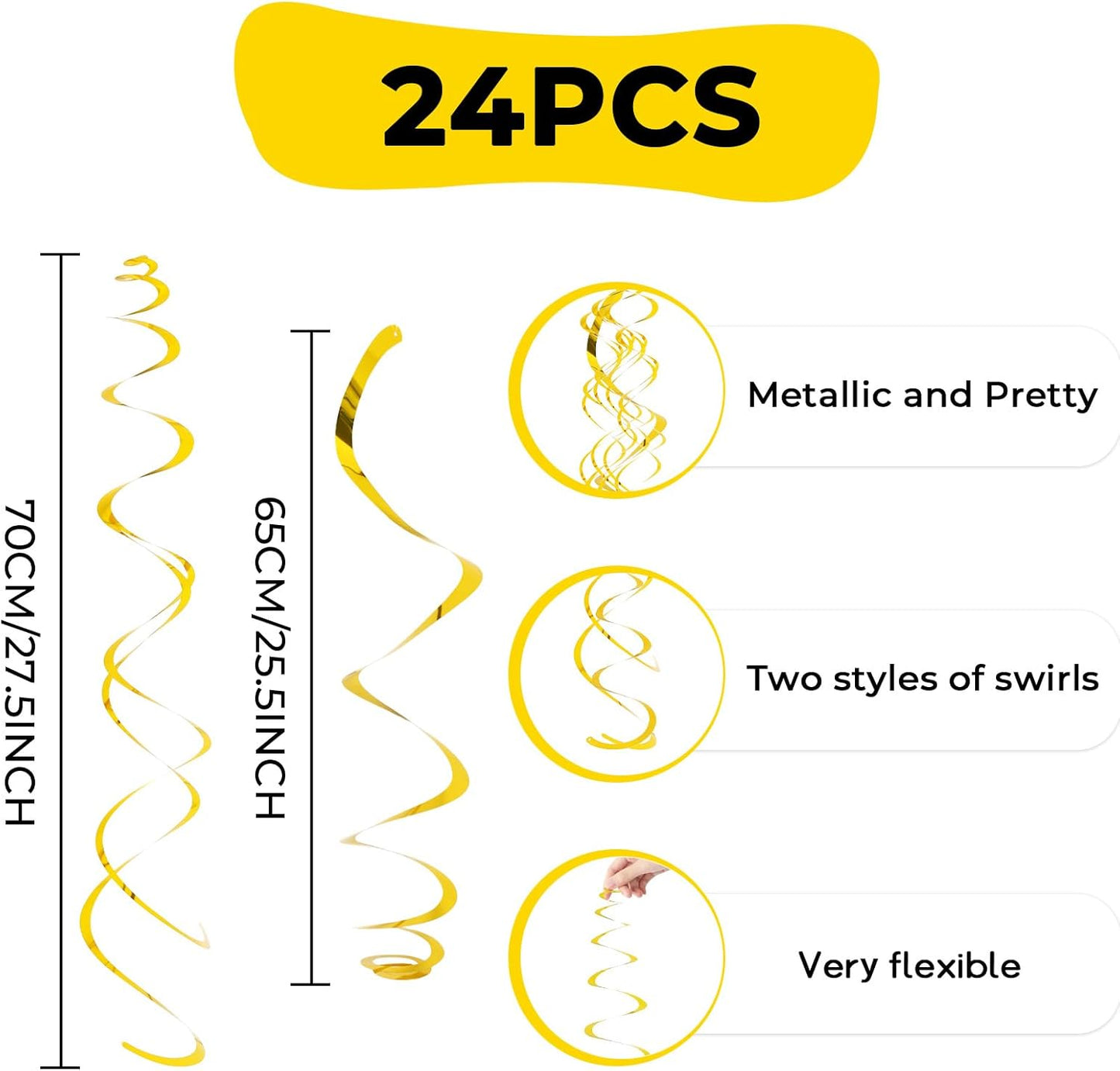 24 PCS Gold Foil Hanging Swirl, Sparkle Ceiling Hanging Decorations, Plastic Streamer Party Decorations, Swirl Decorations with Double-Swirls and Single-Swirls for Birthday, Baby Shower, Christmas