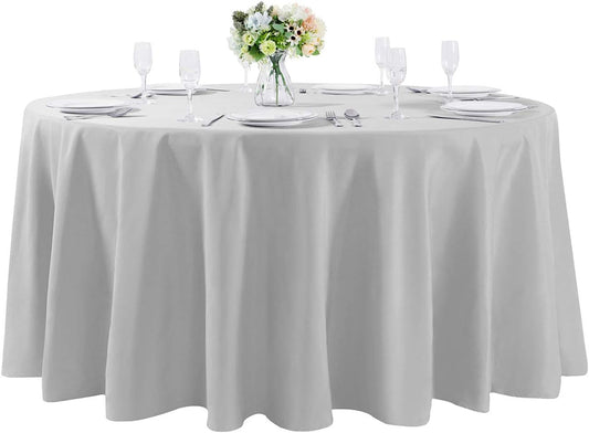 132 inch Round Tablecloth Washable Polyester Table Cloth Decorative Table Cover for Wedding Party Dining Banquet（132 inch,Silver）