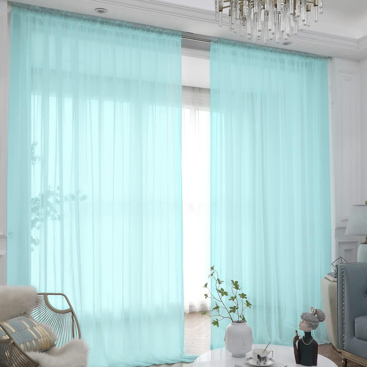 Window Lake Blue Sheer Curtains 63 Inches Long 2 Panels Sheer Curtain Basic Rod Pocket Panel for Bedroom Children Living Room Yard Kitchen (Lake Blue, 52" W x 63" L | 2 pcs)