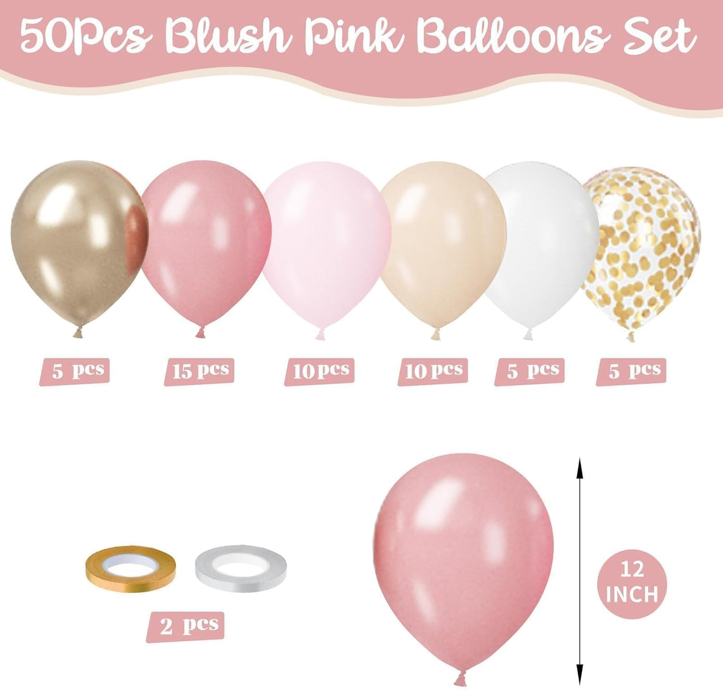 Paready Blush Pink Balloon Set, 50 Pcs Pink and Champagne Gold, 12 Inch Dusty Pastel Pink Apricot Metallic Gold Confetti for Boho Birthday Bridal Shower Bachelorette Party Supplies