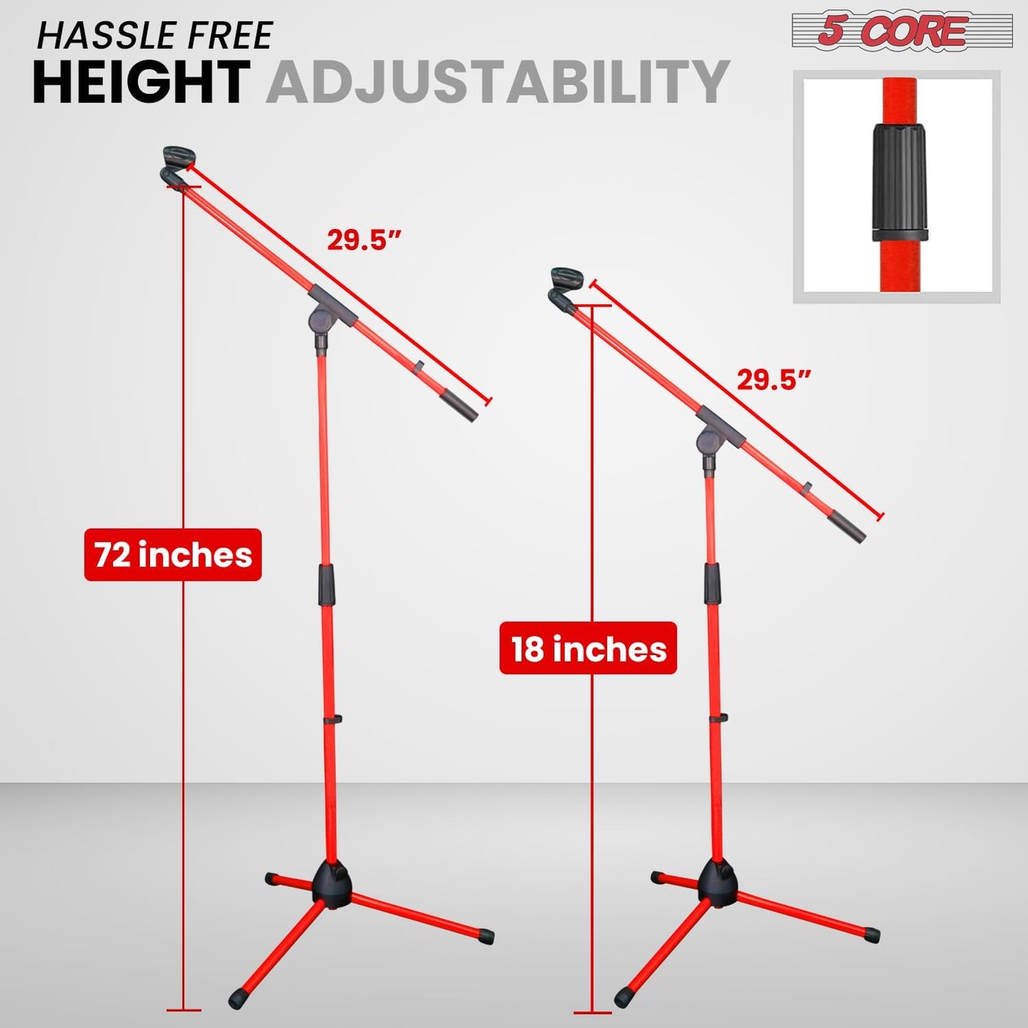 5 Core Tripod Mic Stand Floor Adjustable 18 to 72 Inches Sturdy Boom Arm Holder Microphone Stands Pedestal Para Microfono for Singing - MS 080 RED