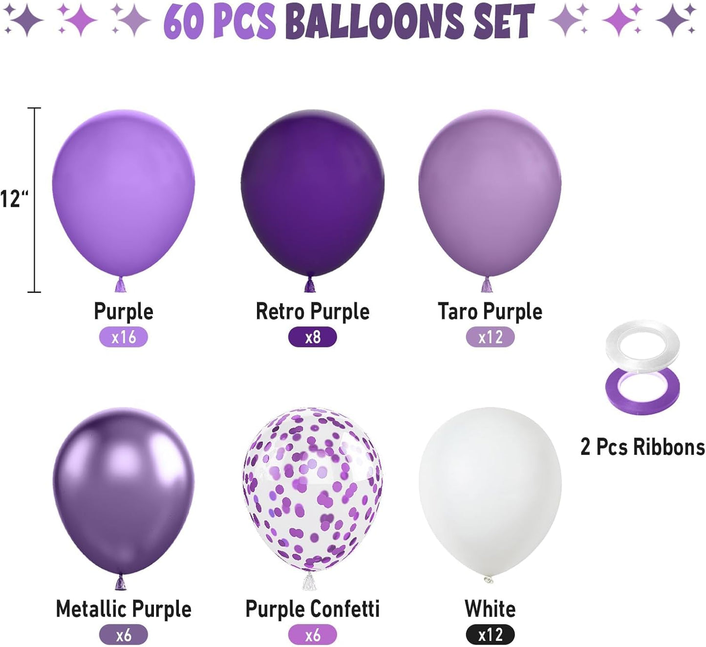 FunHot 60 Pcs Purple Balloons, 12 Inch Metallic Purple Confetti Balloons for Girls Women Birthday Wedding Bridal Baby Shower Party Decorations