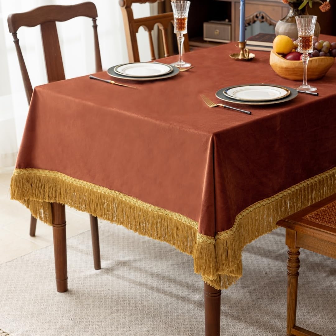 F-CHU Luxury Burnt Orange Tablecloth Thickset Velvet Tablecloth with Beautiful Gold Tassels Table Cloth for Home Decor Wedding, Party, Banquet and Events 60x70-Inch