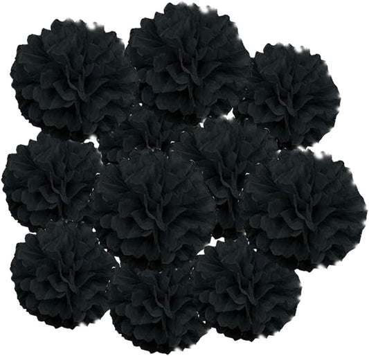 12pcs 10in & 12in Black Paper Pom Poms - Tissue Paper Flower Hanging Balls for Wedding, Party, Baby Shower & Nursery Decor