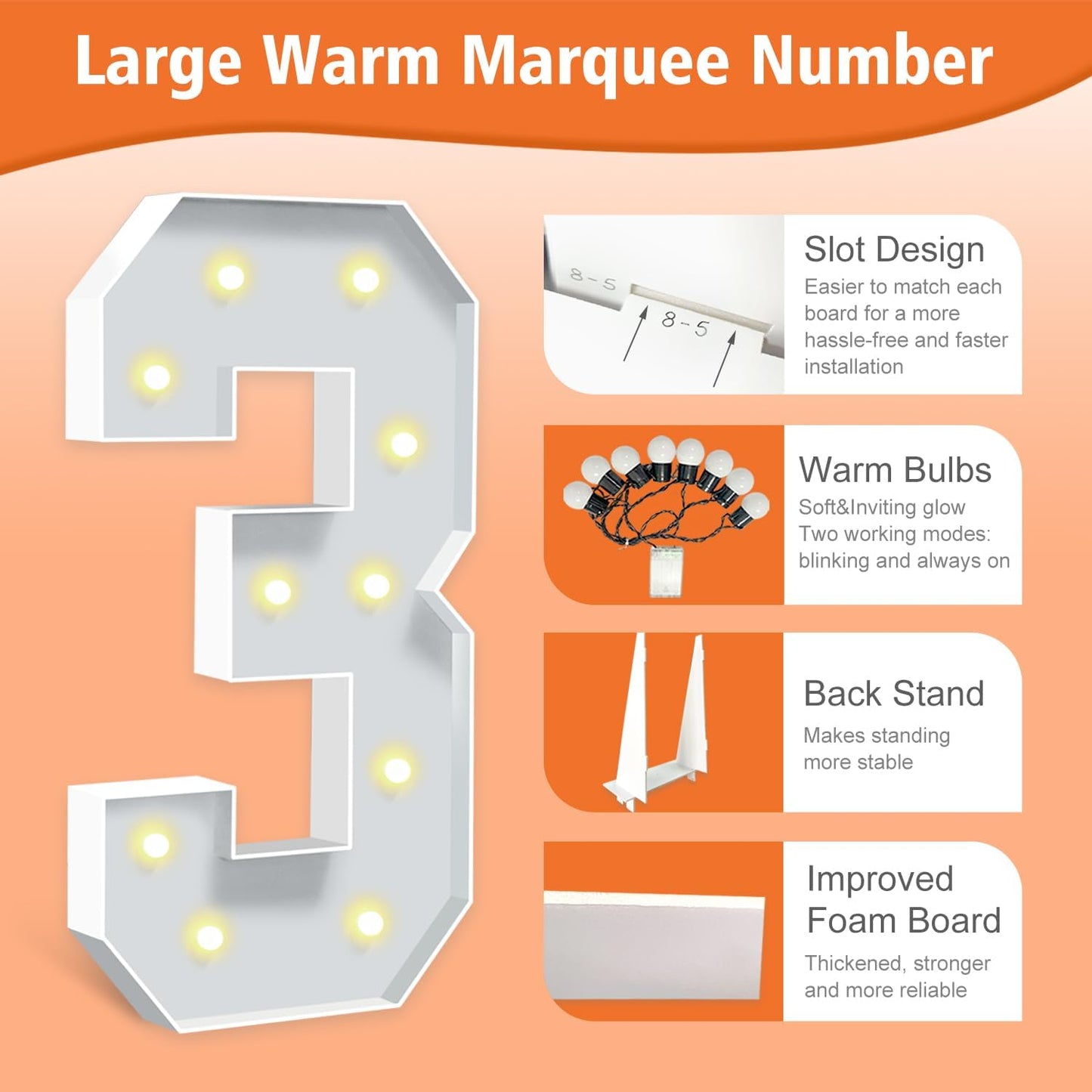 4FT Light Up Numbers 3, 47 inch Tall Marquee Numbers, DIY Marquee Light Up Numbers for 3rd 13th 30th Birthday Party Backdrop Displays, Mosaic Number Sign for Balloons Party, Anniversary