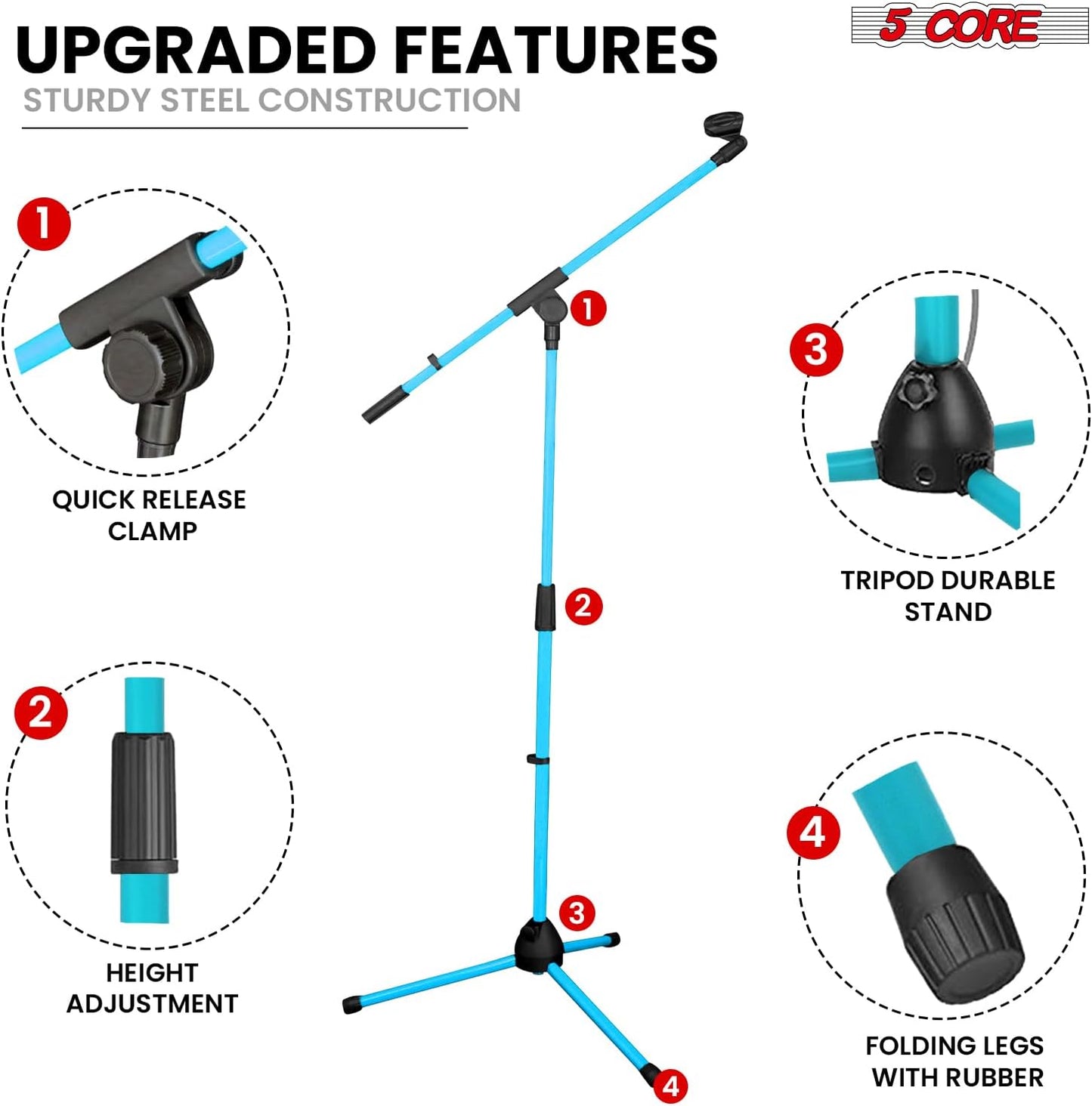 5 Core Tripod Mic Stand Floor Adjustable 18 to 72 Inches Sturdy Boom Arm Holder Microphone Stands Pedestal Para Microfono for Singing - MS 080 SKY BLU