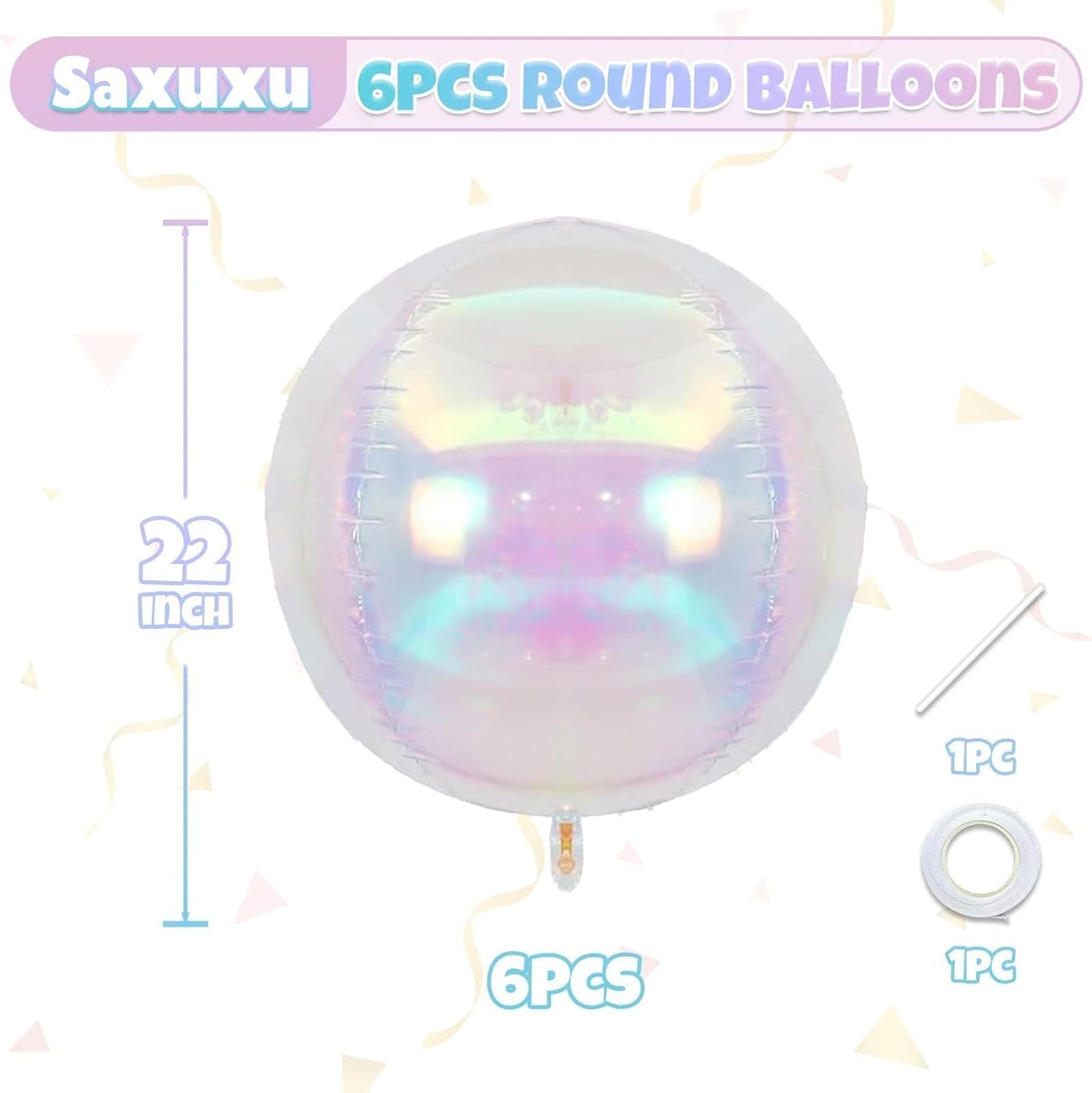 Giant 4D Foil Balloons, 6Pcs Large Metallic Iridescent Round Balloons, 22 Inch Big Round Foil Balloon for Mermaid Birthday Party Baby Shower Wedding Decorations