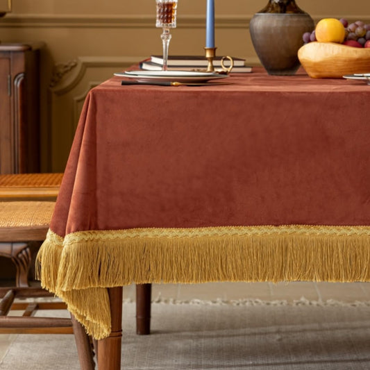 F-CHU Luxury Burnt Orange Tablecloth Thickset Velvet Tablecloth with Beautiful Gold Tassels Vintage Table Cloth for Home Decor Wedding, Party, Banquet and Events 67x120-Inch