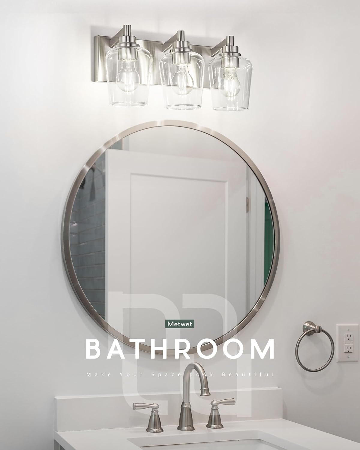 Bathroom Light Fixtures, 3-Light Modern Vanity Light with Clear Glass Wine Glass-Shaped Shade, Vanity Lighting Fixtures Over Mirror, Brushed Nickel, VL155-BN-3