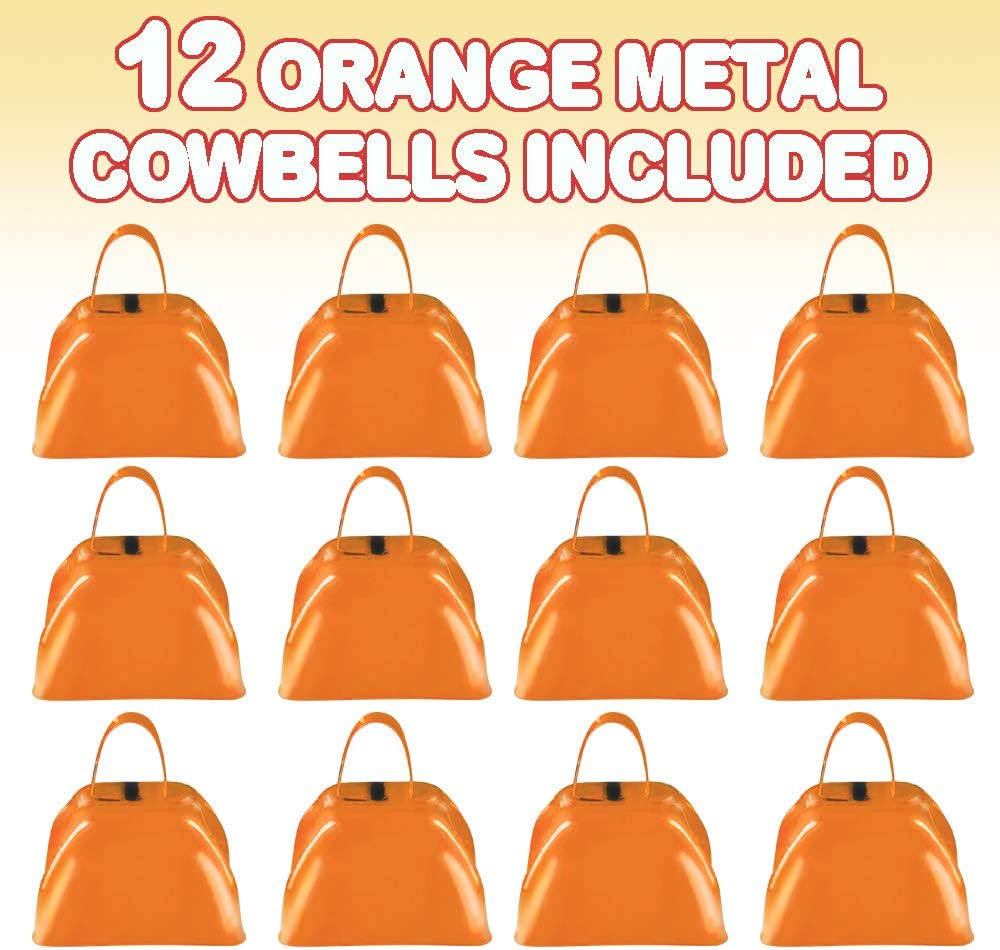 ArtCreativity 3 Inch Orange Metal Cowbell Noisemakers - Pack of 12 - Loud Metal Cowbell Noise Makers with Handles, Great for Football Games, Sporting Events, New Year’s Eve, for Kids and Adults