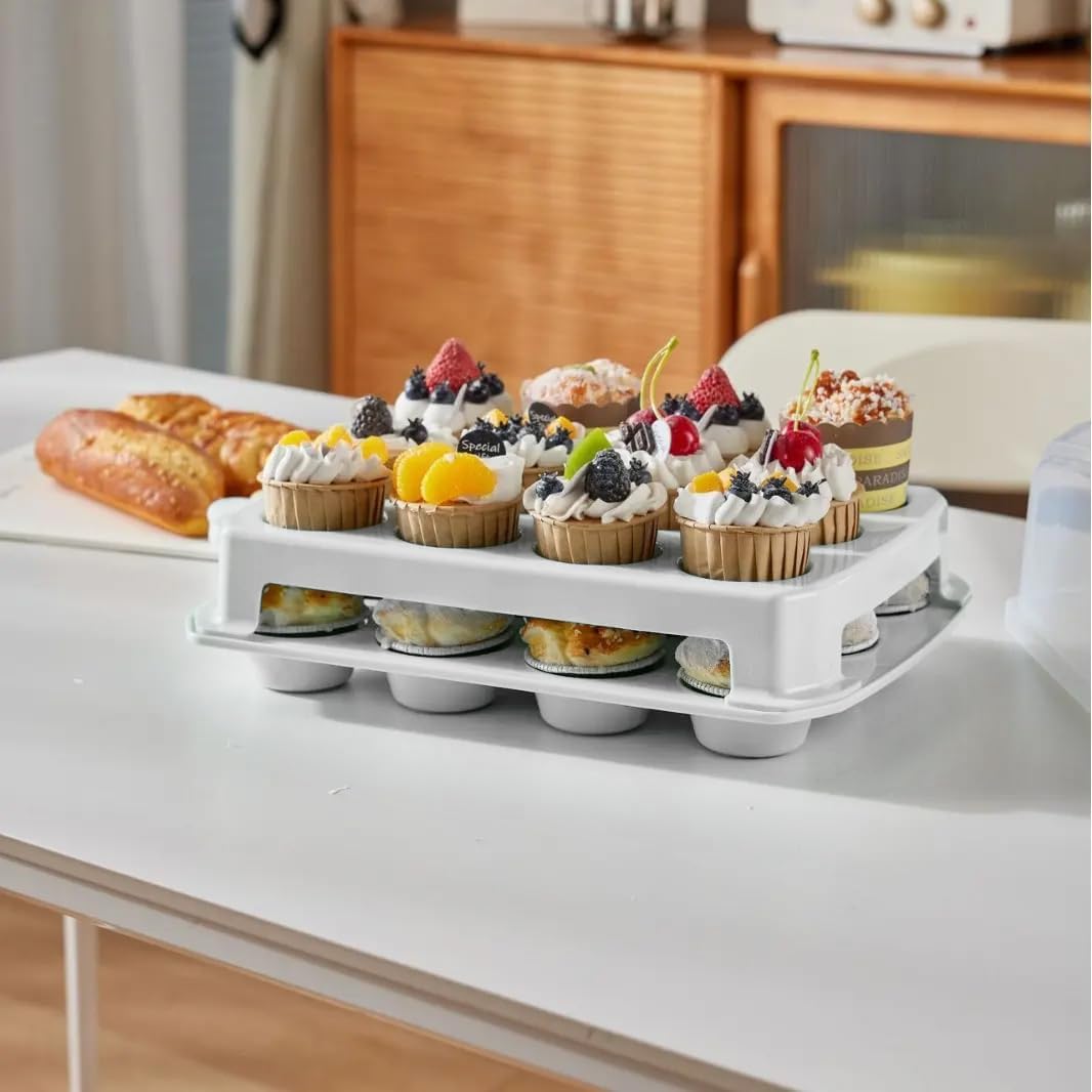 Cupcake Carrier, EXTRA LARGE LID, White Cupcake Holder Carries 24 Standard-Size Cupcakes, Muffin Traveler Two Tier Stand Reusable Cupcake Box