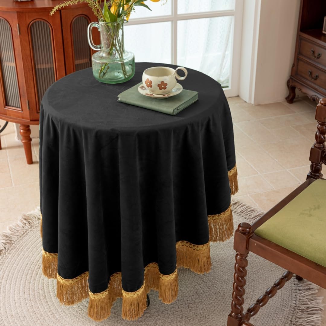 F-CHU Luxury Black Tablecloth Thickset Velvet Tablecloth with Beautiful Gold Tassels Vintage Table Cloth for Home Decor Wedding, Party, Banquet and Events 60" Round