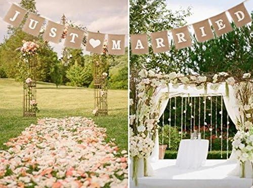 Jute Burlap Just Married Bunting Banner Vintage Hessian Flag for Wedding Party Decoration Favor