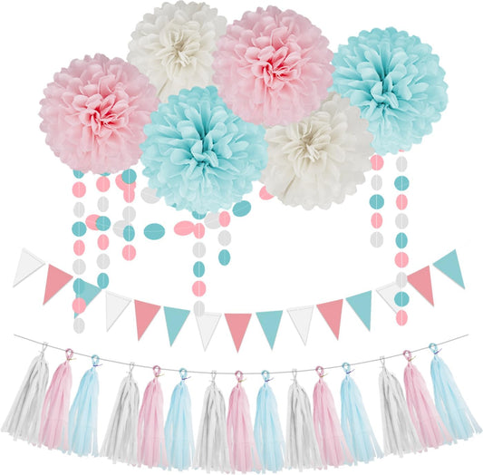 Gender Reveal Decorations Blue Pink - 23pcs Tissue Paper Flowers Pom Poms Banner Tassel Garland Streamers Baby Gender Reveal Theme Decor White Birthday Hanging Decor Ideas Supplies