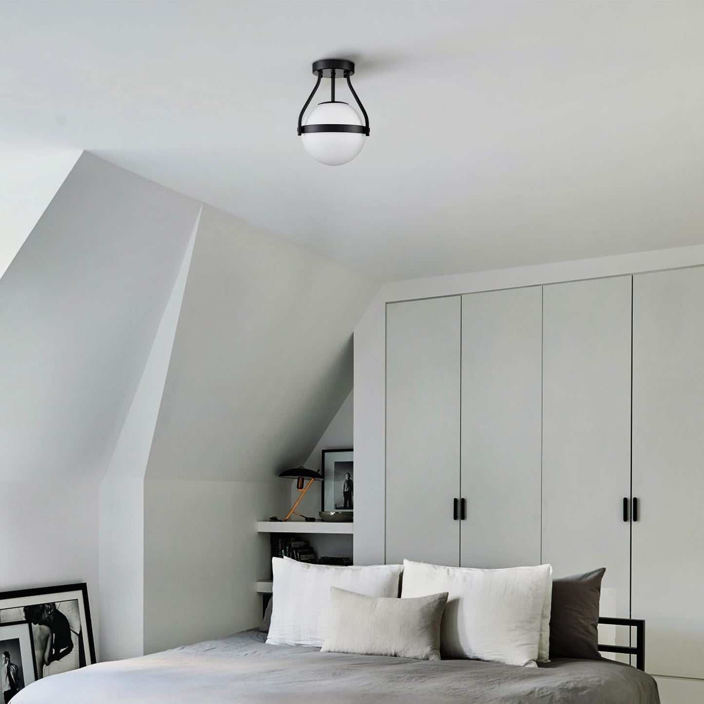 HOLKIRT Modern Globe Semi Flush Mount Ceiling Light,Black Ceiling Light Fixture with Opal Glass 7Inch/18CM,Mid Century Kitchen Light Fixtures Hallway Light Fixtures Ceiling for Bedroom Kitchen