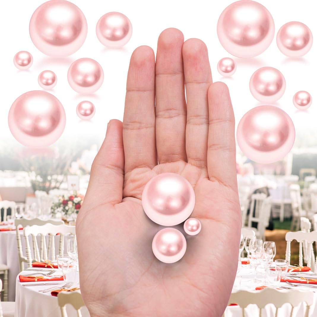 150Pcs Pink Polished No Hole Faux Pearl Beads for Vase Filling Decorations, Plastic Pearls Vase Fillers, Table Scatters, Wedding Centerpiece, Home Decor, 8/14/20 mm