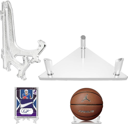 Ball Display Stand with Card Display Stand, Transparent Acrylic Sleek Holder for Different Size Basketball, Soccer Ball, Football, Small Easel Holder Stand for Trading Card Holder-1 Pack