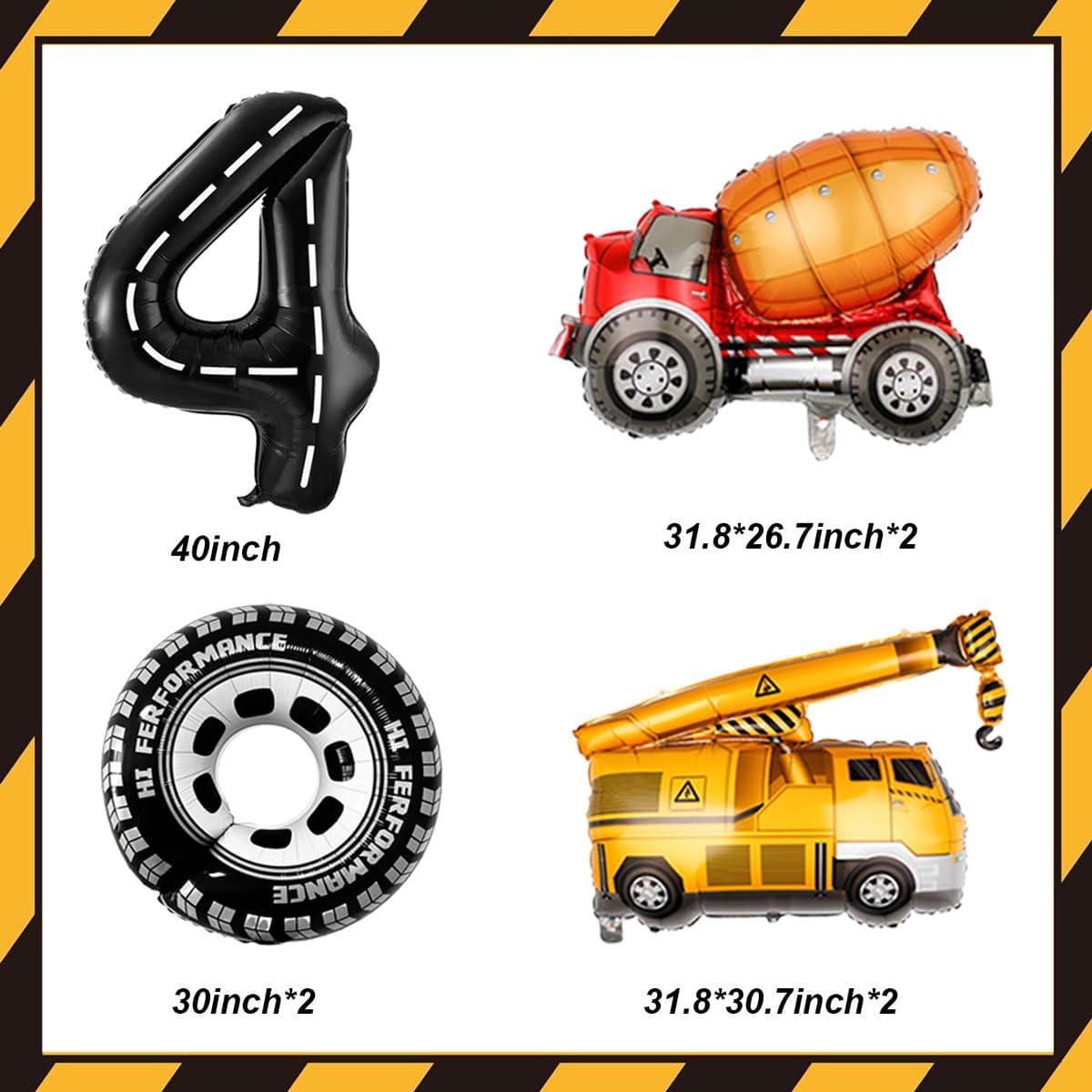 Construction Balloons 4rd Birthday Decorations for Boys 40inch Number 4 Balloons Truck Foil Balloon for Construction Birthday Party Decorations Supplies