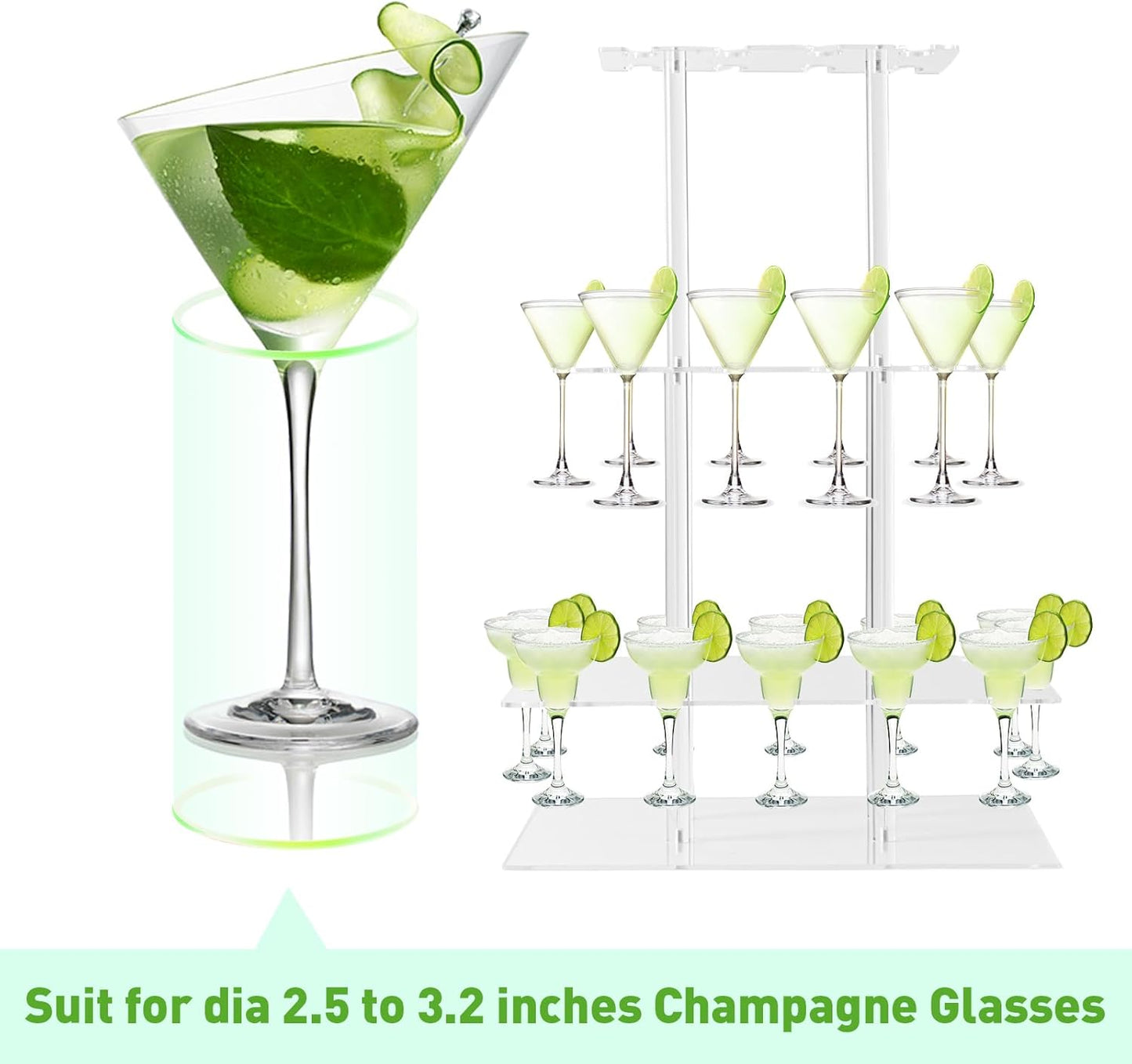 Champagne Tower, Rectangle Acrylic Champagne Display Rack Stand with 32 Slots, 3 Tier Floating Sight Champagne Flute Holder for Party, Wedding, School, Celebration, 17.3x11.8x25.5inch