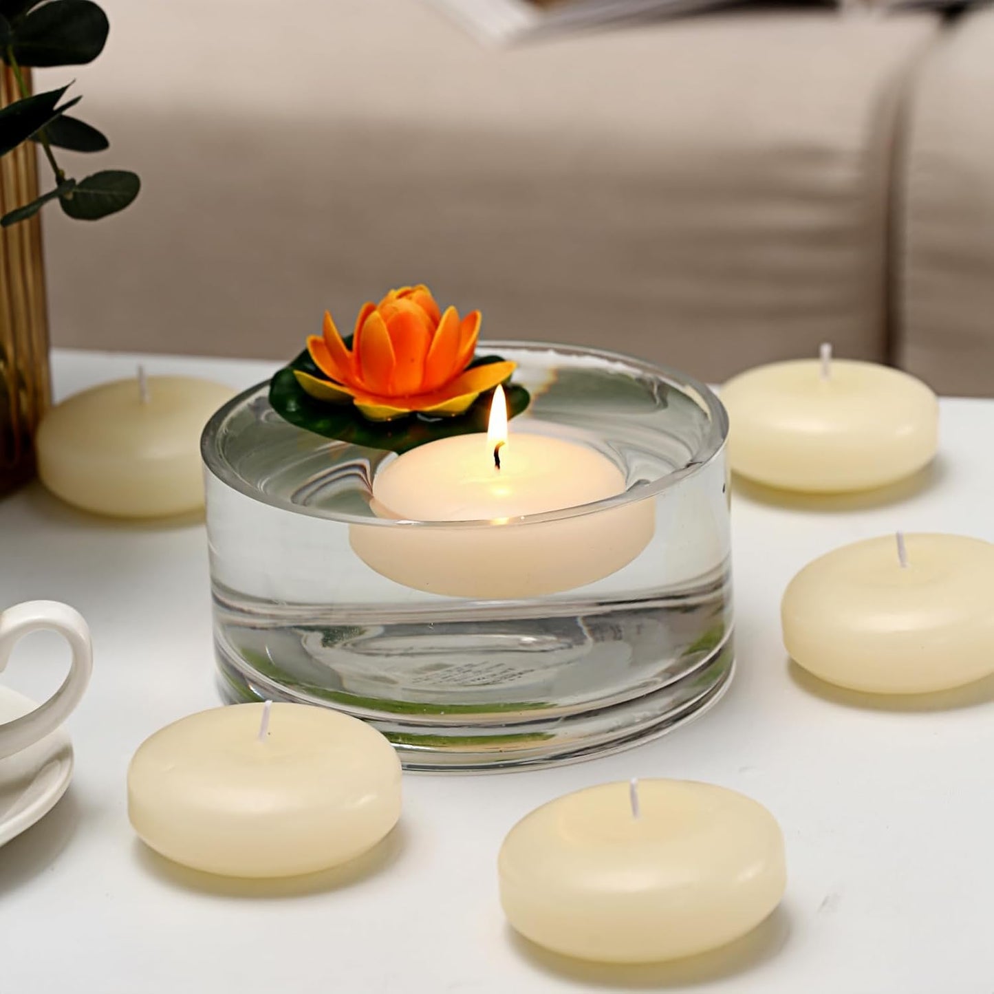 24 Pack Floating Candles, 3” Ivory Unscented Dripless Wax Burning Candles, for Weddings, Party, Cylinder Vases, and Home Decorations