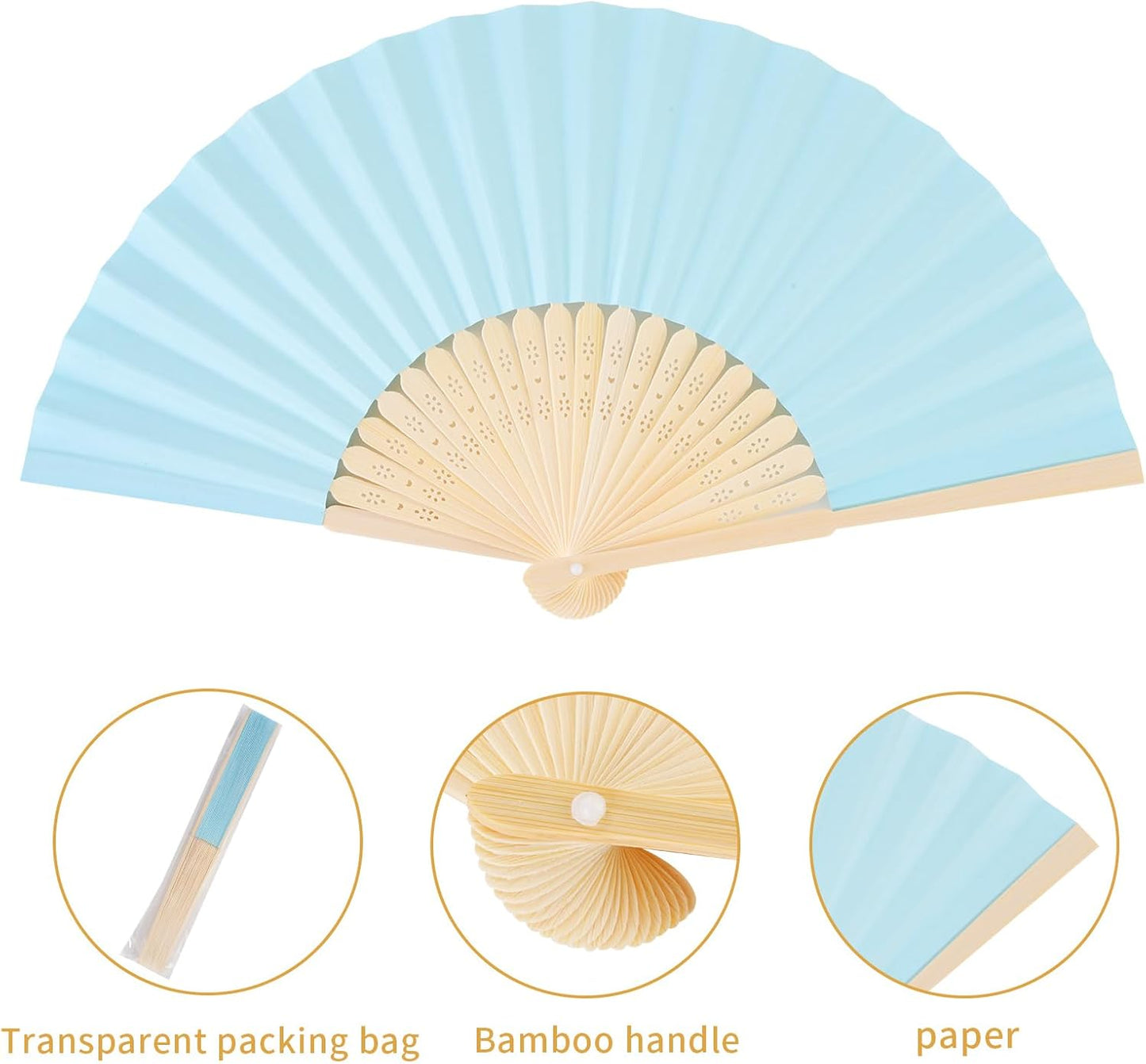 50pcs Blue Paper Hand Fan Bamboo Folding, Handheld Paper Folded for Wedding Party and Home Decoration