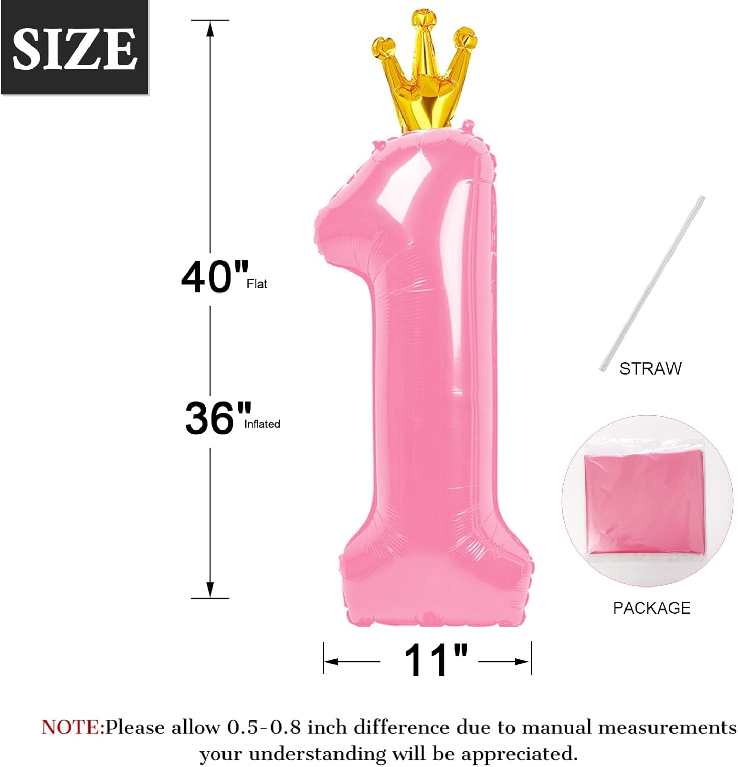 40 Inch Pink Number Balloon 0-9(Zero-Nine) with Crown, Big Size Happy Birthday Balloon, Foil Helium Big Number Balloon for Birthday Party,Wedding, Anniversary (PINK 1)