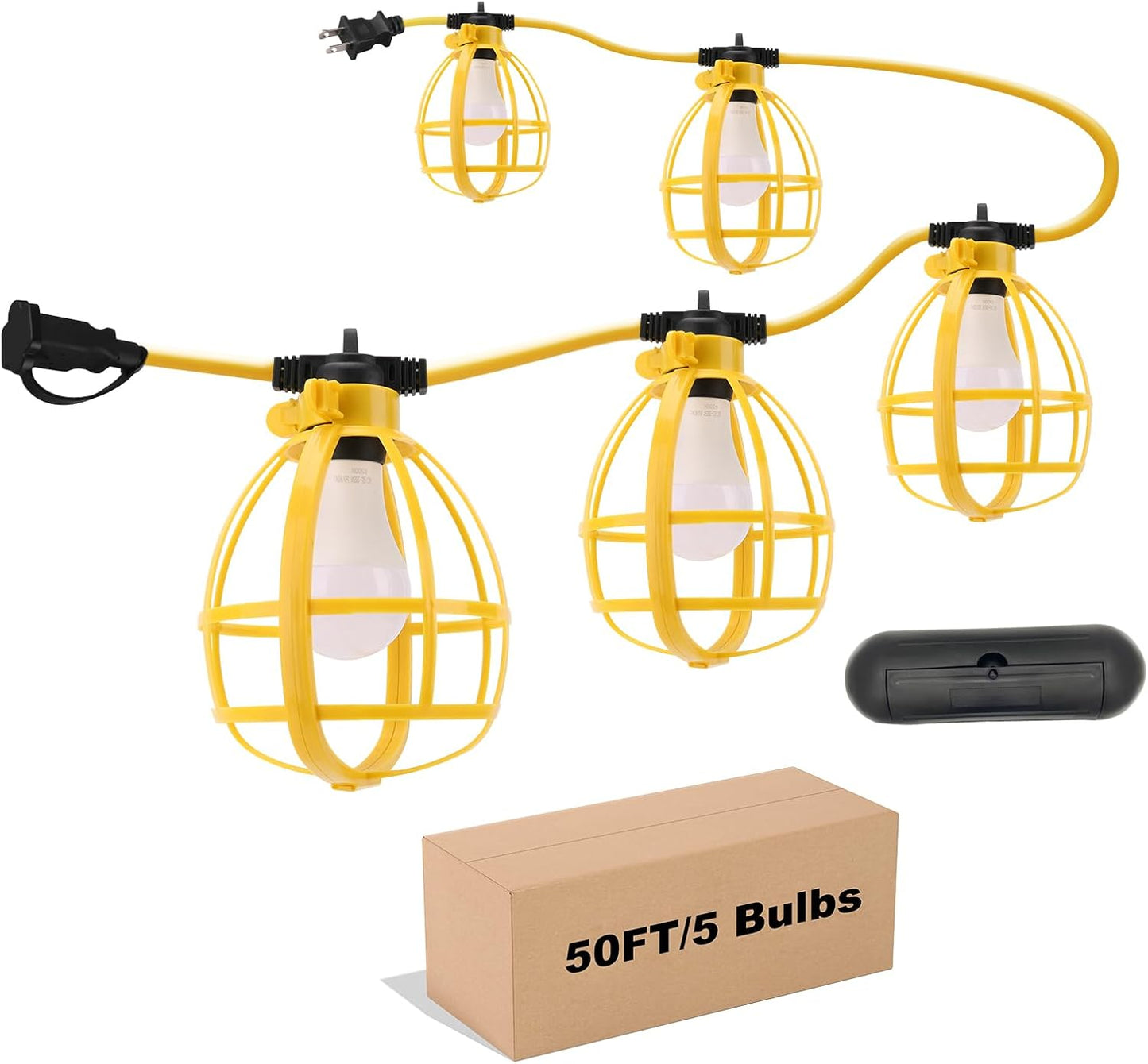 50FT Construction String Lights with Outdoor Extension Cord Safety Cover, 50W 5 Bulbs Work Lights, IP65 Waterproof, 4000LM 6500K Temporary Lighting for Workshop, Mine cave, Job Site