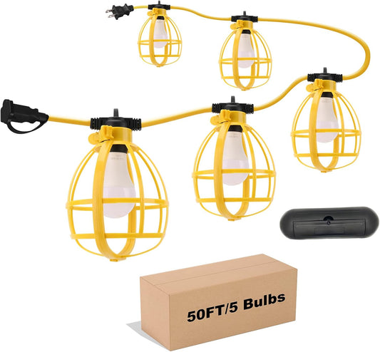 50FT Construction String Lights with Outdoor Extension Cord Safety Cover, 50W 5 Bulbs Work Lights, IP65 Waterproof, 4000LM 6500K Temporary Lighting for Workshop, Mine cave, Job Site