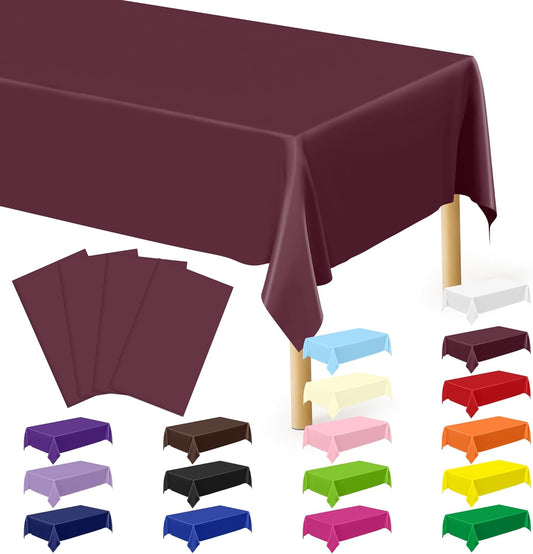 4 PCS Wine Table Cloth Rectangle Table, 54 x 108 Inches Waterproof Plastic Table Cloth Disposable, Picnic Table Cover for Baptism, Picnic, Restaurant, Wedding decor, Fits Rectangle and Round Tables